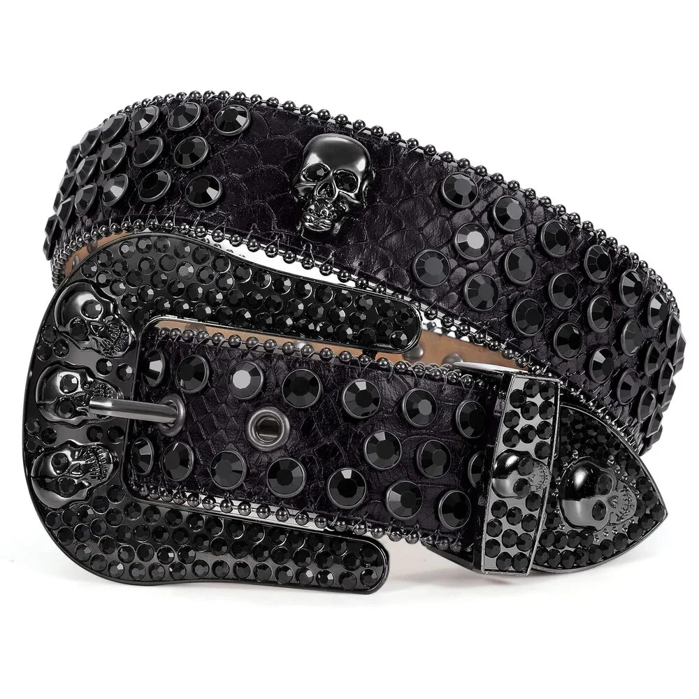 SUOSDEY Men's Rhinestone Skull Belt Women Bling Punk Studded WAIST SIZE:30